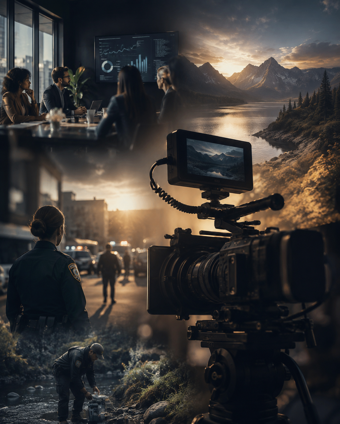A composite image showing a TV studio with people discussing data graphs, a landscape scene with mountains and a river at sunset, a professional video camera on set filming the scene, a police officer near a city street at sunset, and a person working with a drone near a river.