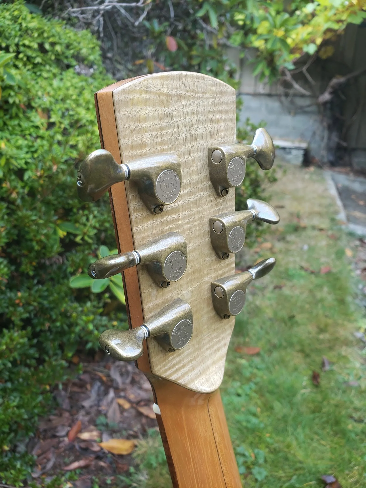 Concert Model
Bearclaw Englemann Spruce 
Curly Oregon Myrtle 
Koa Arm Bevel and appointments 
Very sexy Antique Gold 510's
This one has it going on!  