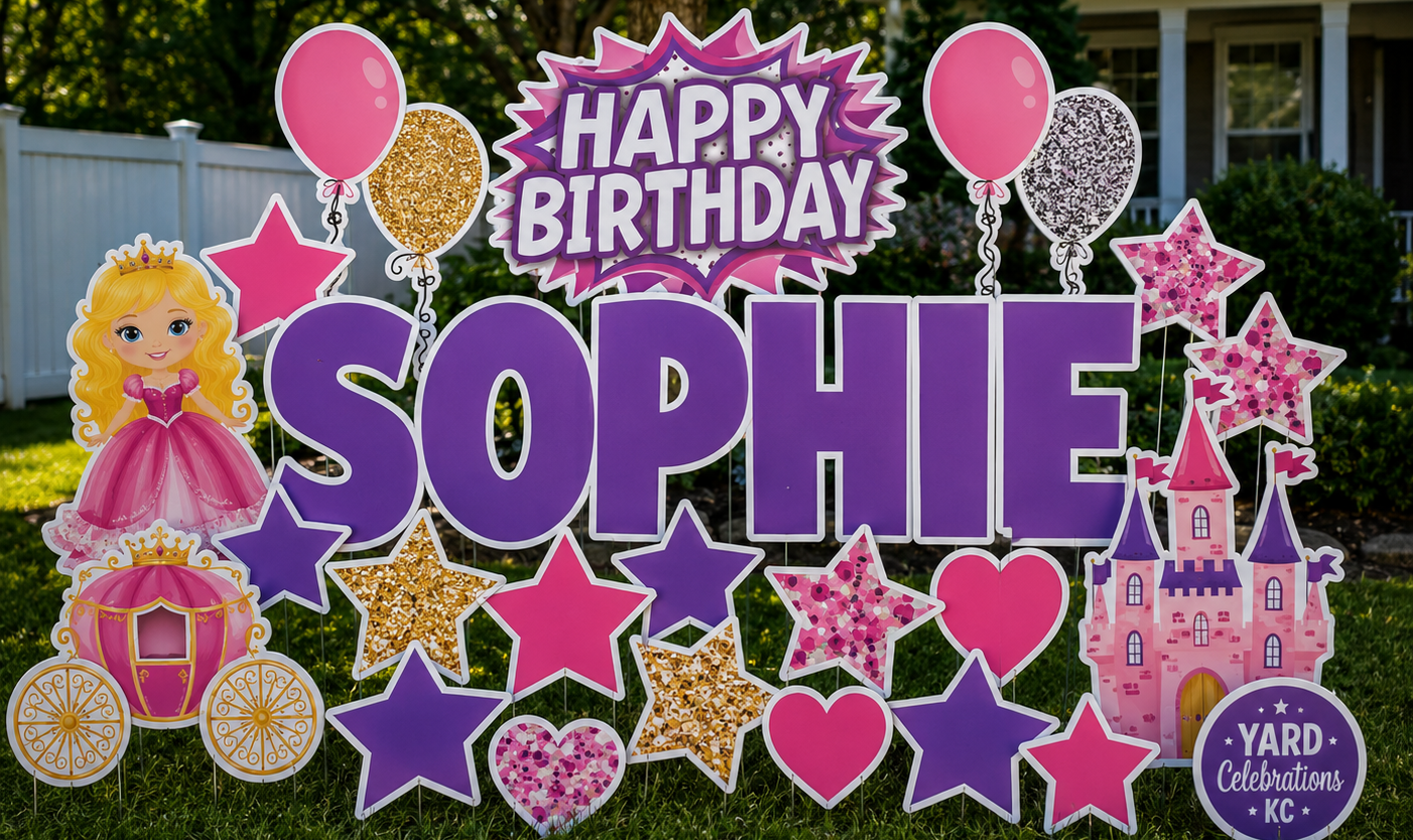 Pink, purple, and gold birthday decorations with princess theme, including balloons, stars, a castle, and a sign that says "Happy Birthday Sophie" with a princess figure, in a yard.
