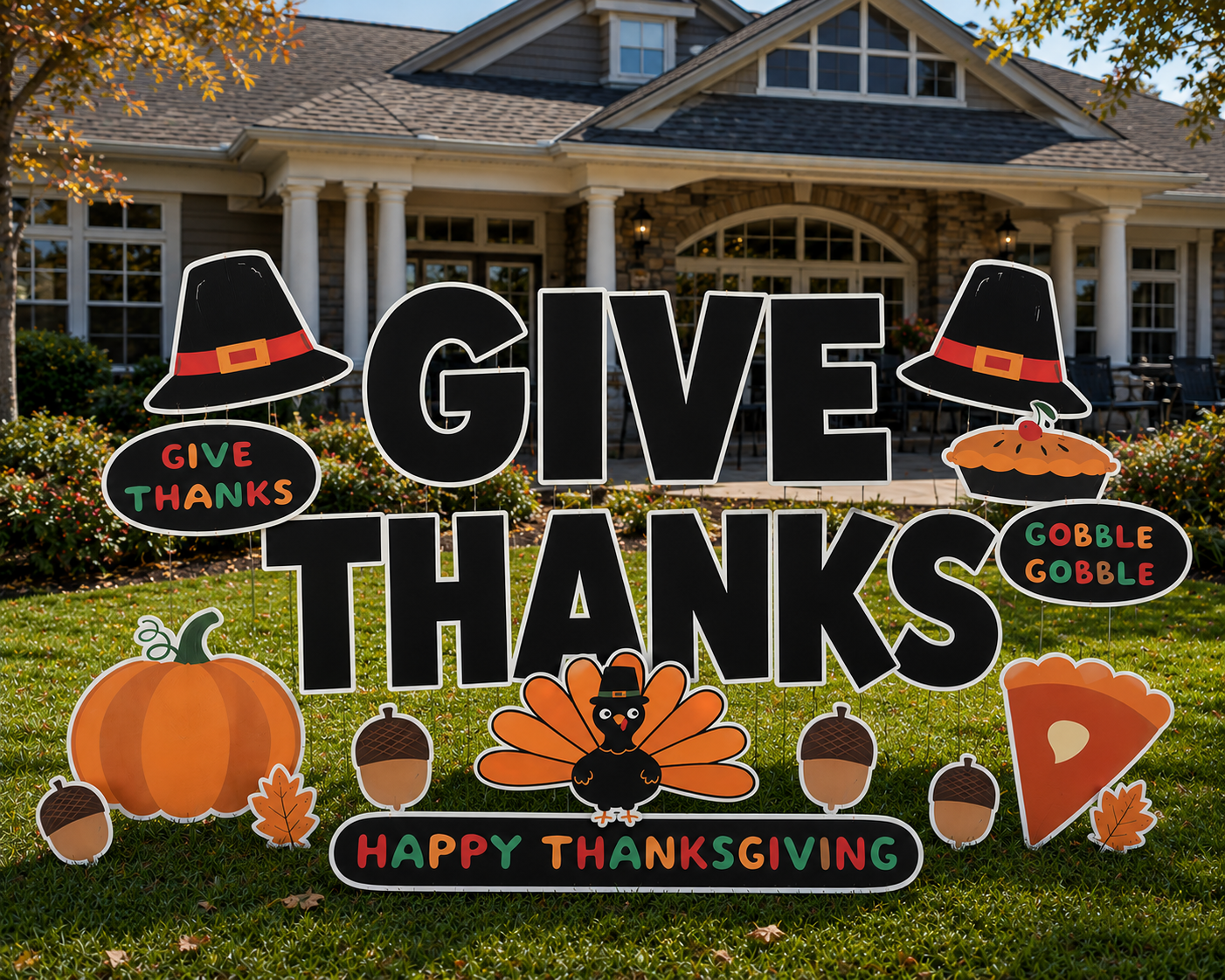 Decorative Thanksgiving display with large black letters spelling 'GIVE THANKS' and colorful graphics including pumpkins, acorns, a turkey, and cartoon pilgrim hats. The scene includes a house with a porch in the background.
