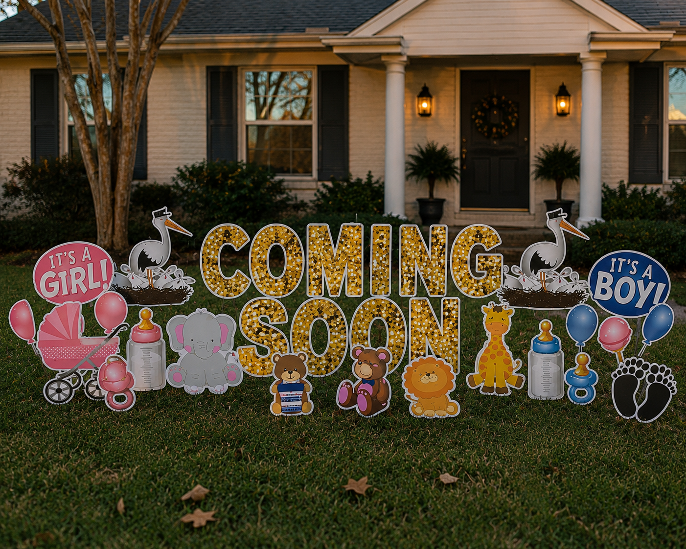 Decorative baby gender reveal sign on front lawn of a house, with illustrations of a stork, baby bottles, elephants, bears, lions, giraffes, balloons, and footprints. The sign reads 'COMING SOON' with 'It's a Girl!' and 'It's a Boy!' signs on either side.