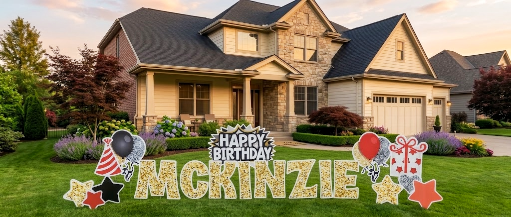 A decorated lawn in front of a large suburban house with birthday signs and decorations, including balloons, stars, a gift box, and a large sign reading "Happy Birthday McKinzie."