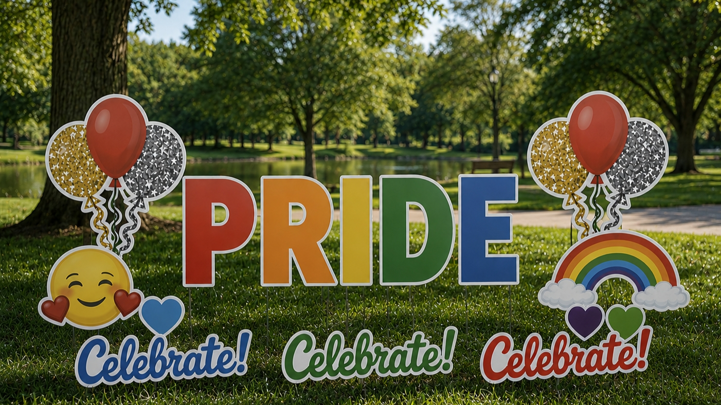 Colorful outdoor Pride celebration sign with balloons, rainbow, smiley face, and the word 'PRIDE' in large rainbow-colored letters. The sign features multiple
