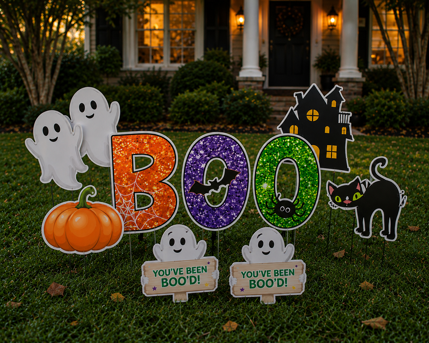 Halloween outdoor yard decorations with colorful illuminated 'BOO' letters, ghosts, a black cat, a haunted house silhouette, pumpkins, and signs reading 'You 've been boo'd!' in front of a house with lit windows and outdoor lanterns.
