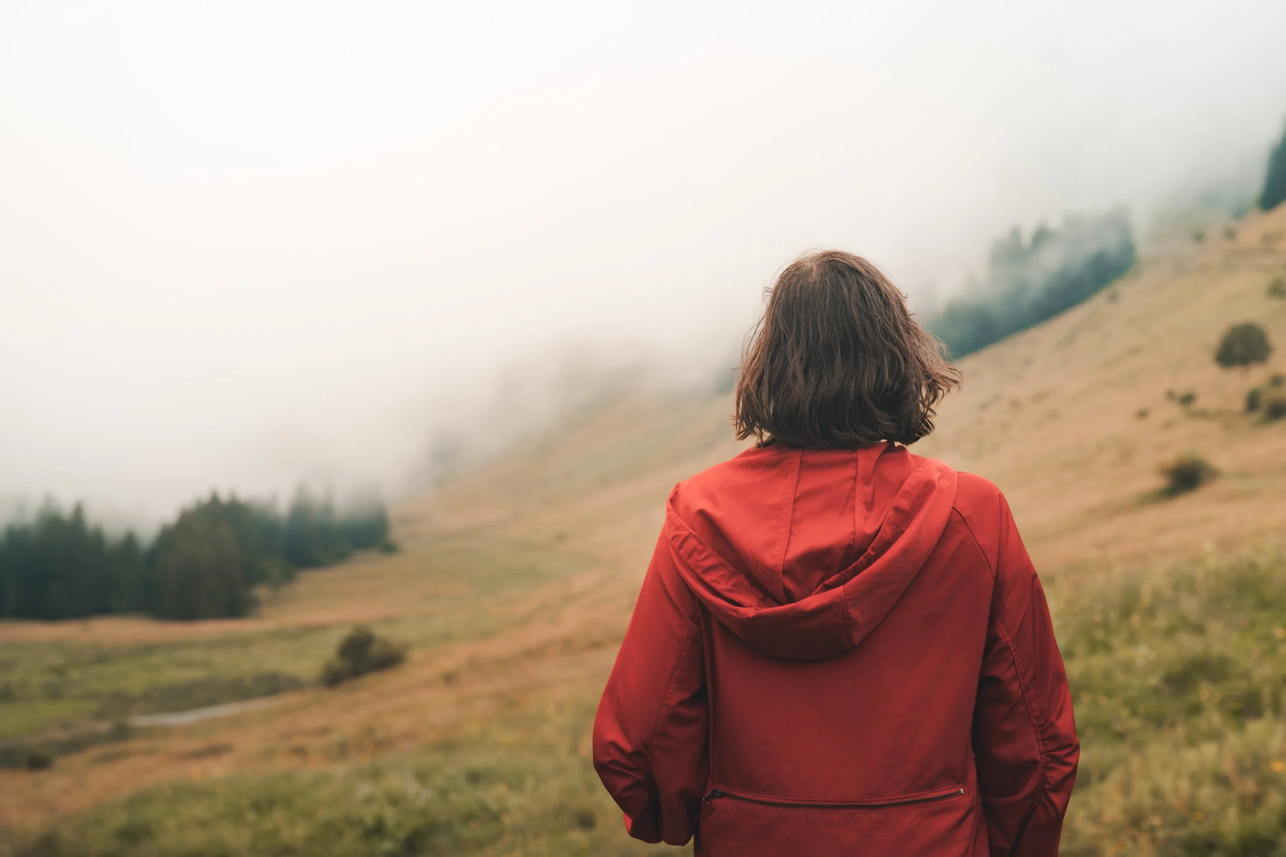 Person mit braunen, gewellten Haaren, trägt eine rote Jacke, schaut auf neblige Berge in einer ländlichen Landschaft.