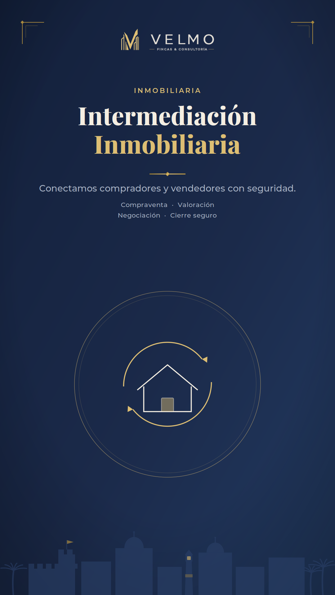 Folleto en varios tonos de azul y dorado que promociona servicios de intermediación inmobiliaria, conexión segura entre compradores y vendedores, con íconos de casa y ciudad en el fondo.