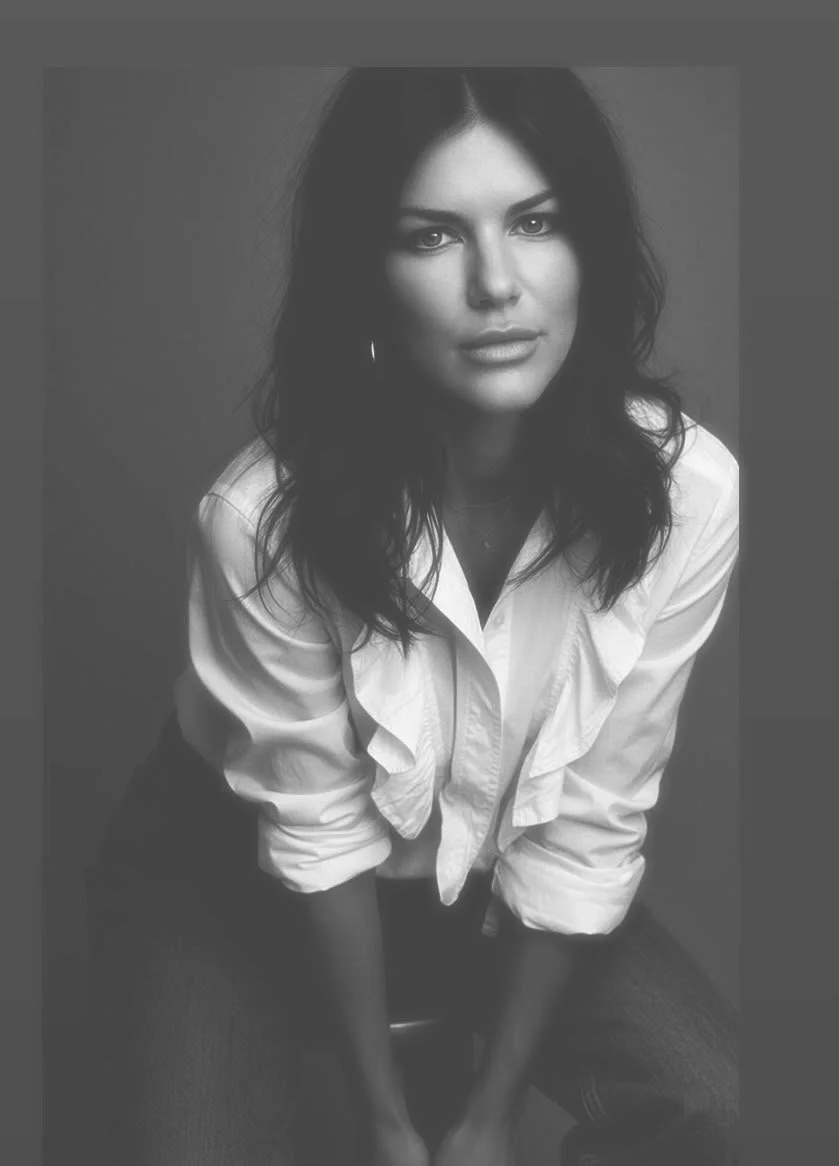 Black and white portrait of a woman with long dark hair, wearing a white ruffled blouse, seated against a plain background, looking directly at the camera.