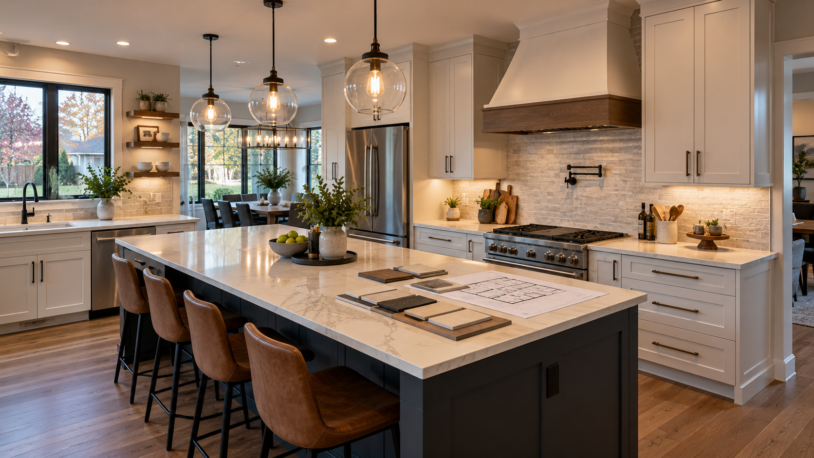 Modern kitchen with white cabinets, a large marble island with brown leather chairs, stainless steel appliances, pendant lighting, and a brick backsplash.