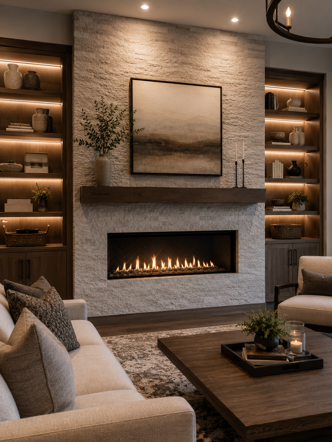 Modern fireplace remodeling and living room upgrade in Palatine, Illinois