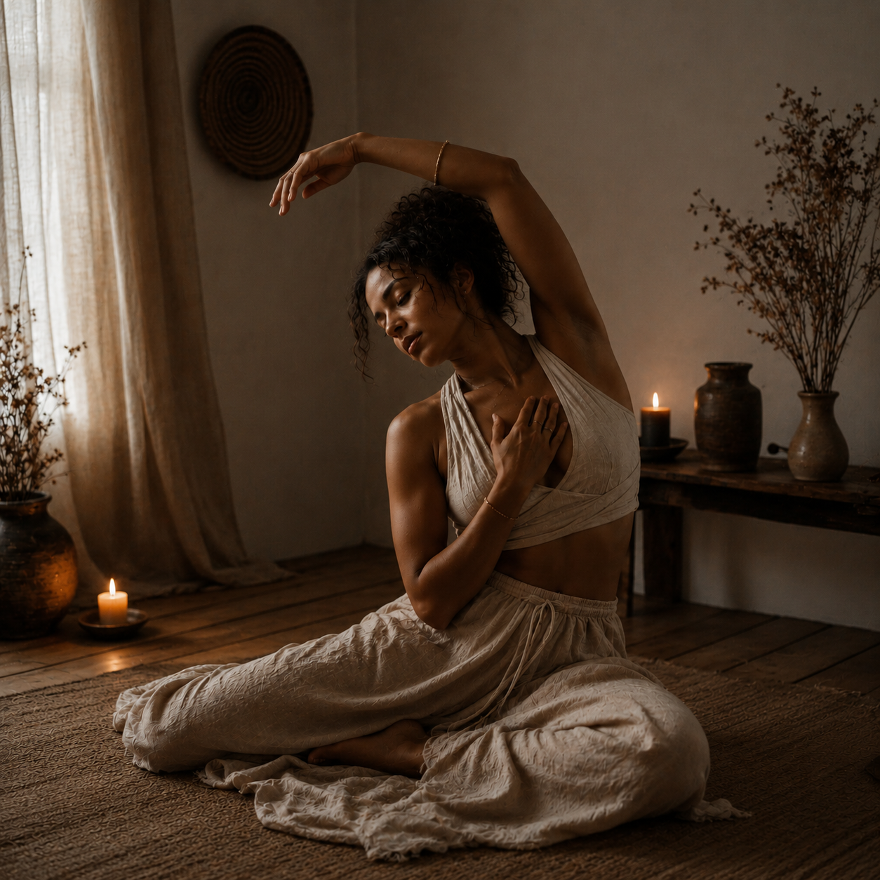 A woman with wavy hair practicing somatic movement in a dimly lit room with candles, vases, and dried plants, sitting on a rug with her eyes closed and hand on her chest.