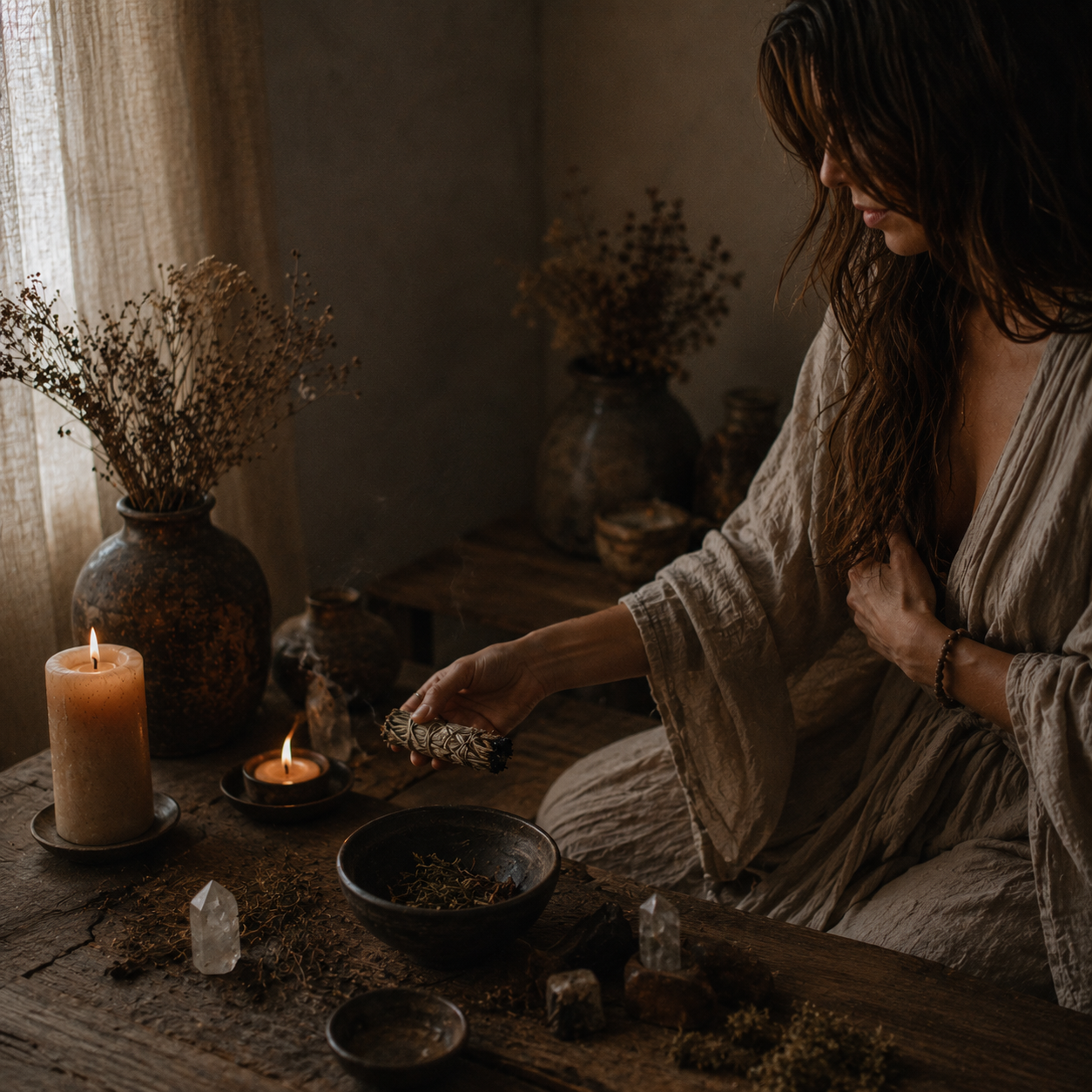 A woman dressed in bohemian style robes is sitting at a table with candles, crystals, and dried flowers, holding incense and creating a ritual or spiritual practice in a dimly lit, earthy setting.