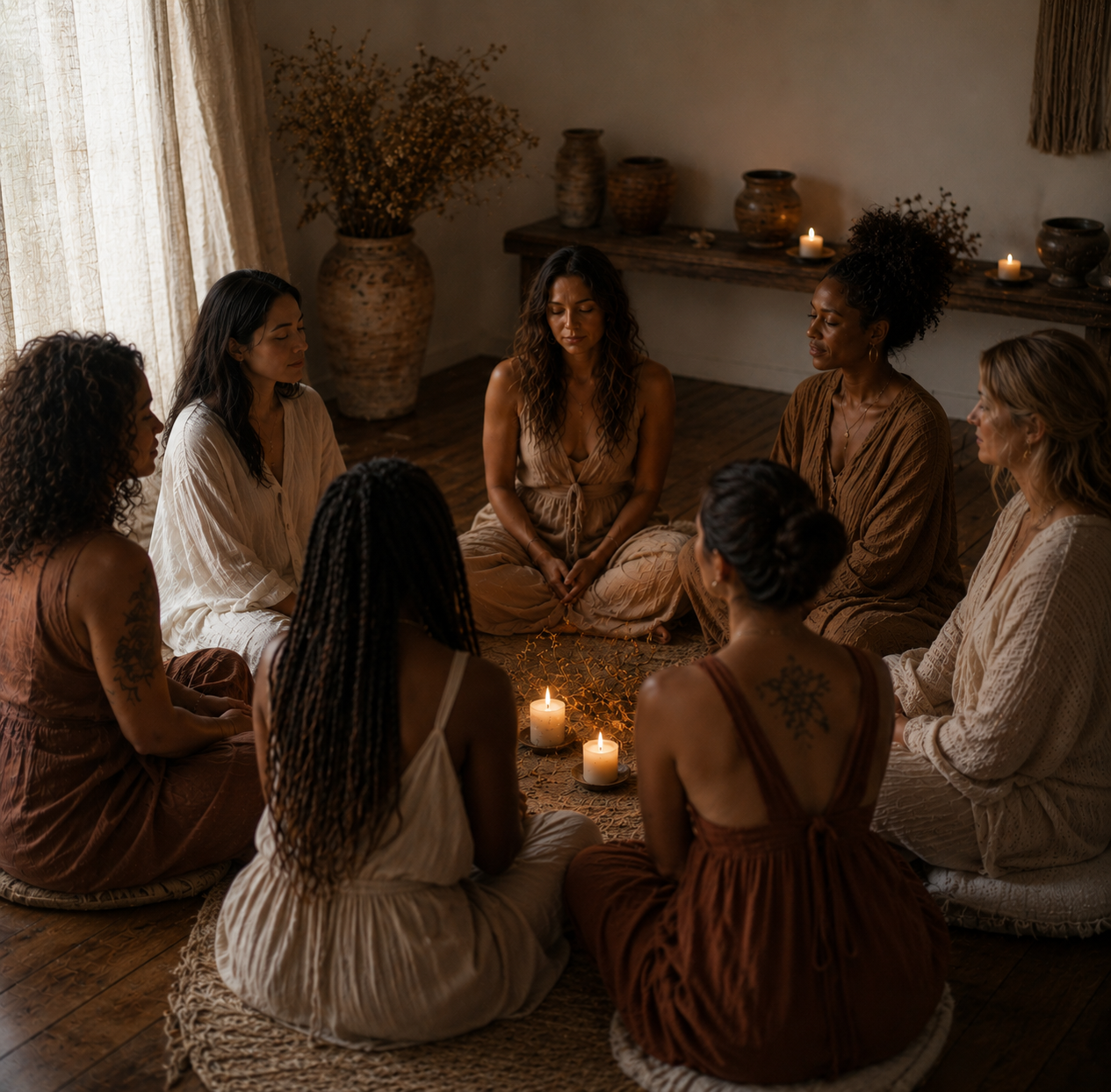 A group of women with long hair, dressed in neutral tones, sitting cross-legged in a circle around candles in a dimly lit room, engaging in a meditation or spiritual circle.