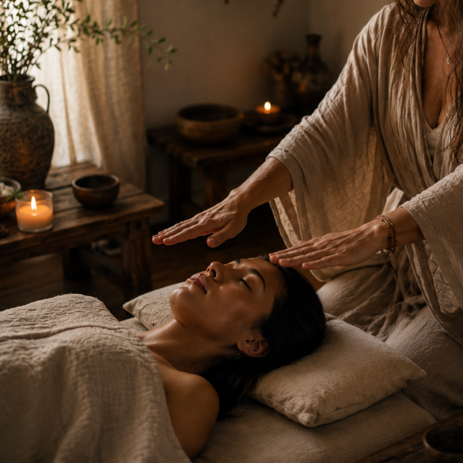 A woman receiving reiki energy healing in a dimly lit sanctuary with candles and decorative items on a table.