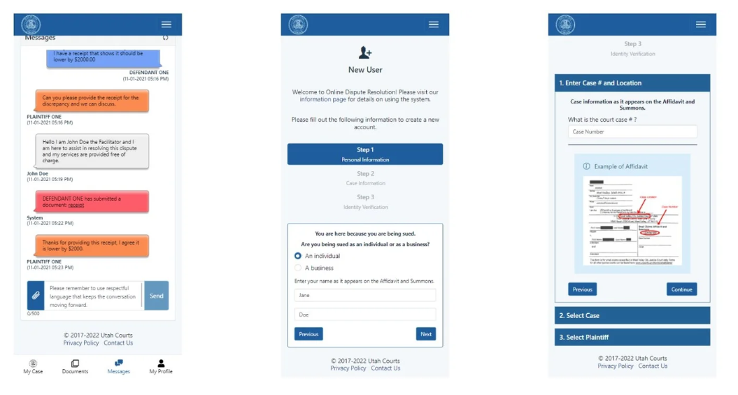 Screenshots of Utah's Online Dispute Resolution platform redesign of key steps from negotiation to registration