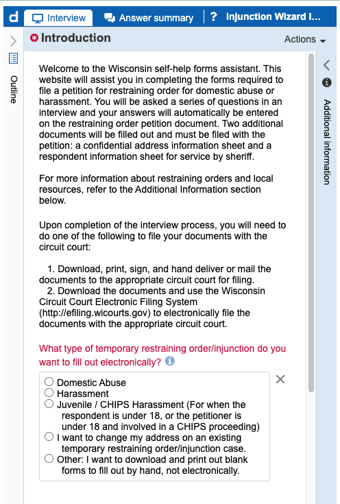 Screenshot of the homepage of Wisconsin's current forms assistant for restraining orders