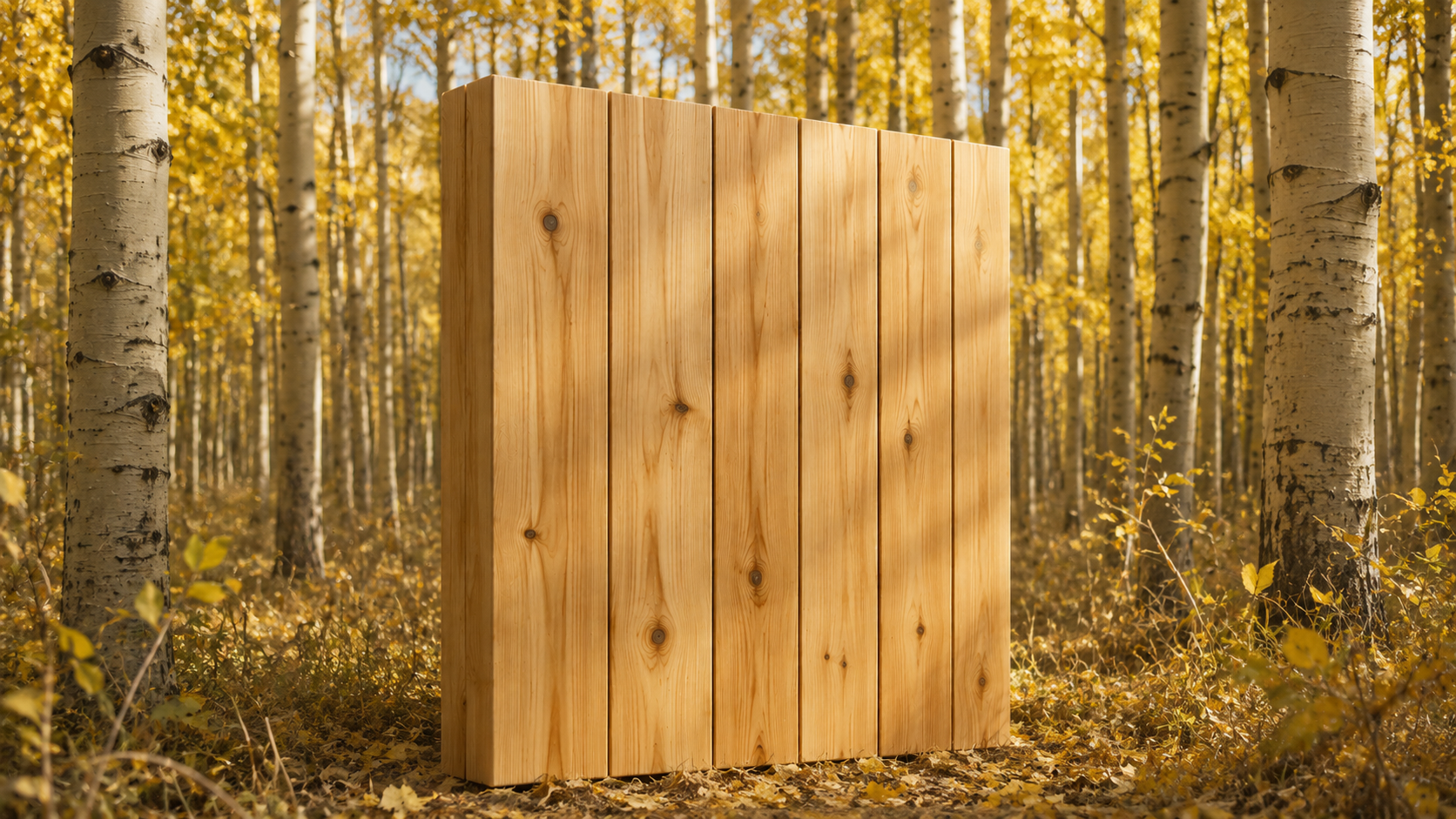 A wooden privacy fence panel in a forest of birch trees with yellow autumn leaves.
