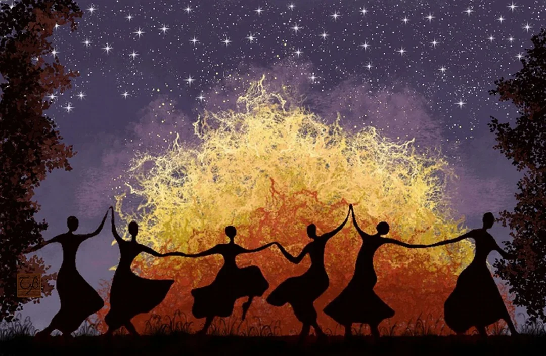 Silhouettes of six women dancing in a circle outdoors during sunset with a colorful sky and starry night above.