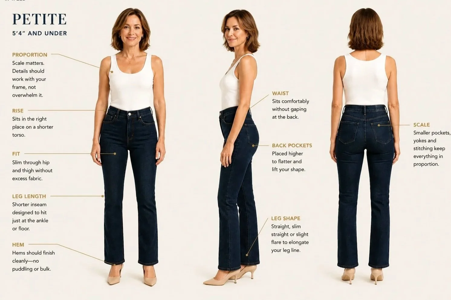 Petite woman wearing a white sleeveless top and dark straight-leg jeans, showing how well-proportioned petite jeans create a balanced silhouette.