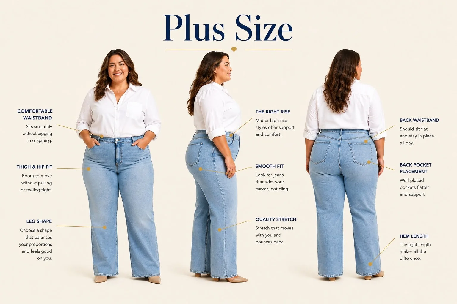 Guide to finding the best plus-size jeans, showing a plus-size model from the front, side and back with annotations explaining fit features such as rise, waistband, stretch, leg shape and pocket placement.