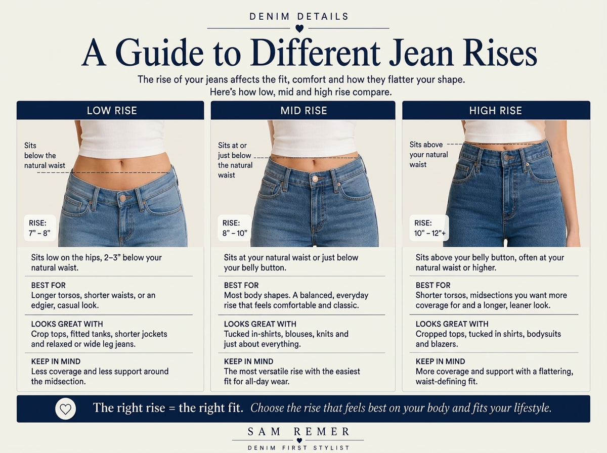 Infographic comparing low, mid and high rise jeans, showing where each rise sits on the body and how each works with different proportions.