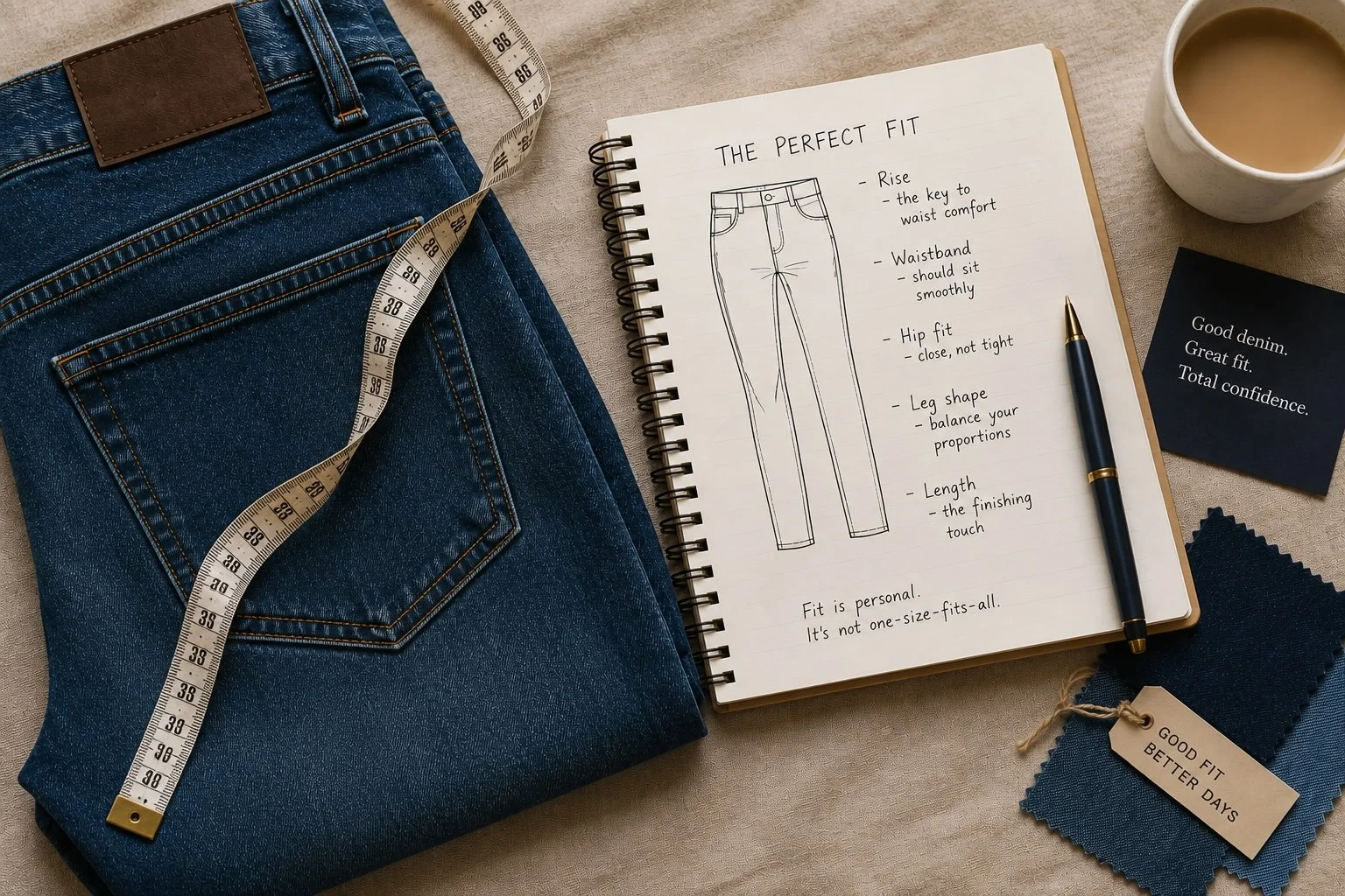 A pair of blue denim jeans with a measuring tape draped over them, a notebook with a sketch of pants and fit tips, a pen, a cup of coffee, a small card with the message 'Good denim. Great fit. Total confidence.', and fabric swatches with a tag reading 'Good fit better days'.