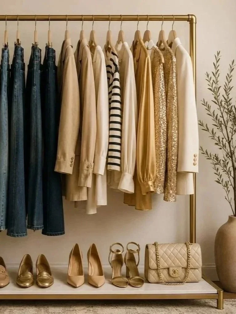 Curated wardrobe with jeans, neutral clothing and shoes