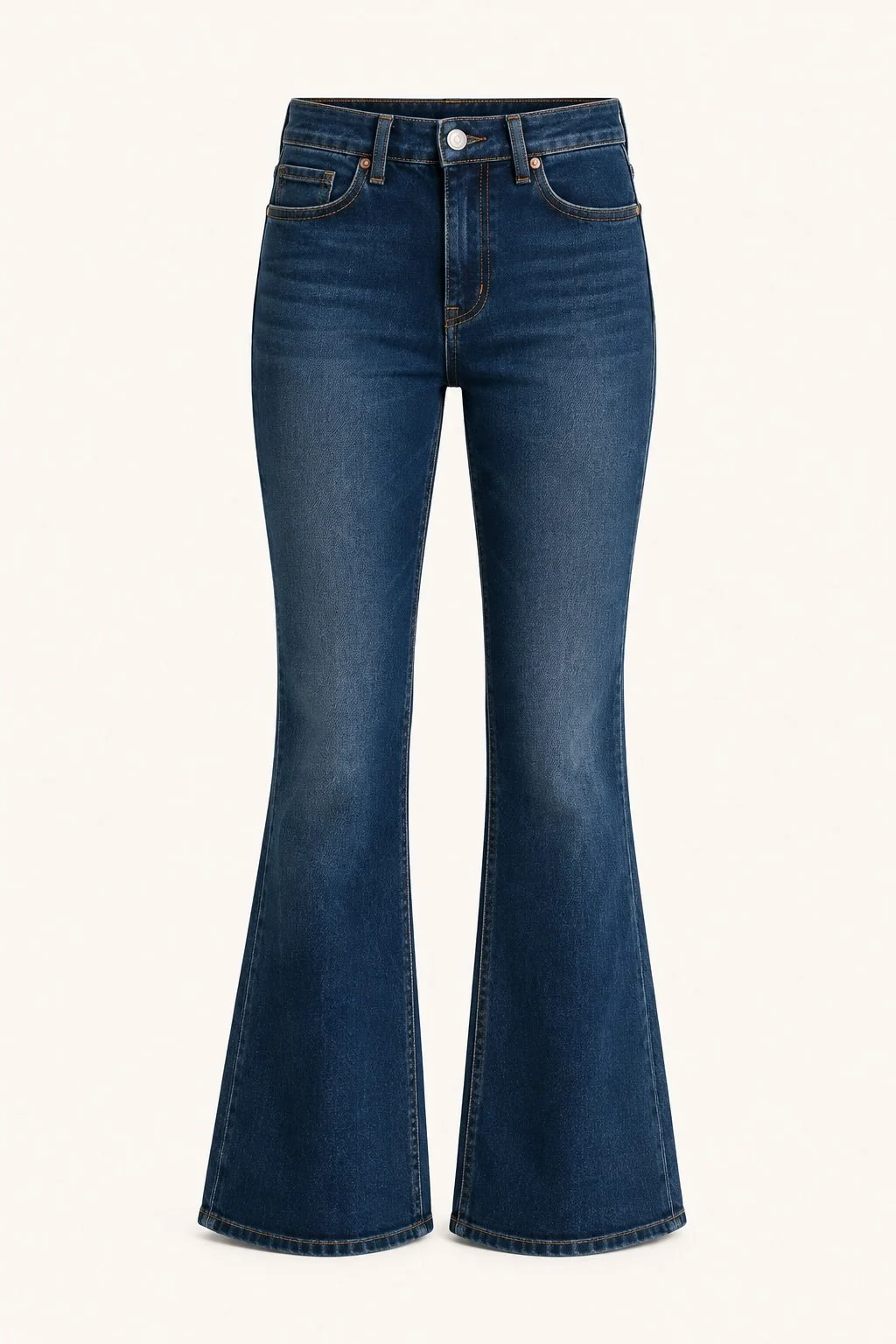 Pair of dark blue high-waisted flared jeans against a light background.