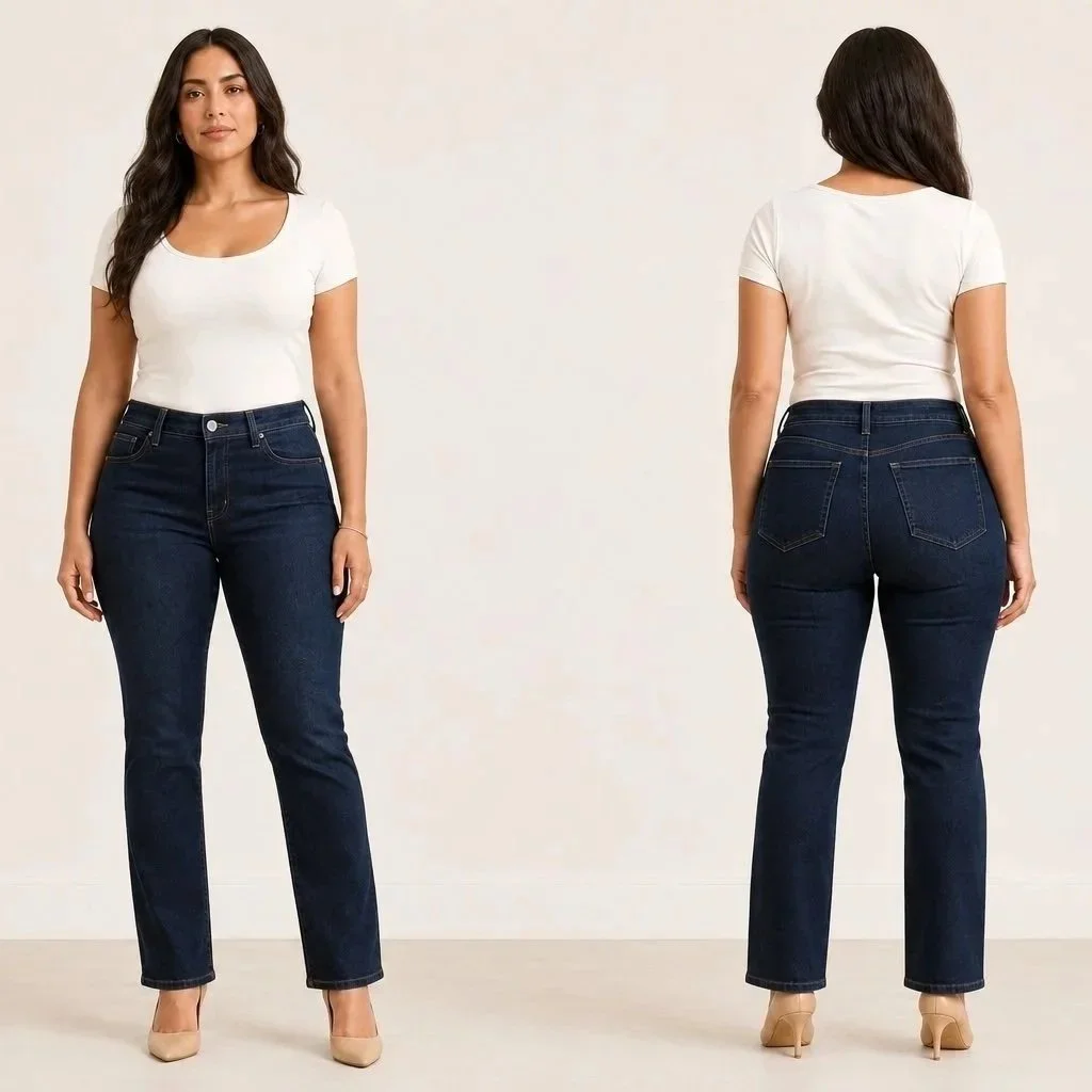 Front and back view of a woman with a curvy body shape wearing dark blue jeans and a white short sleeve top.