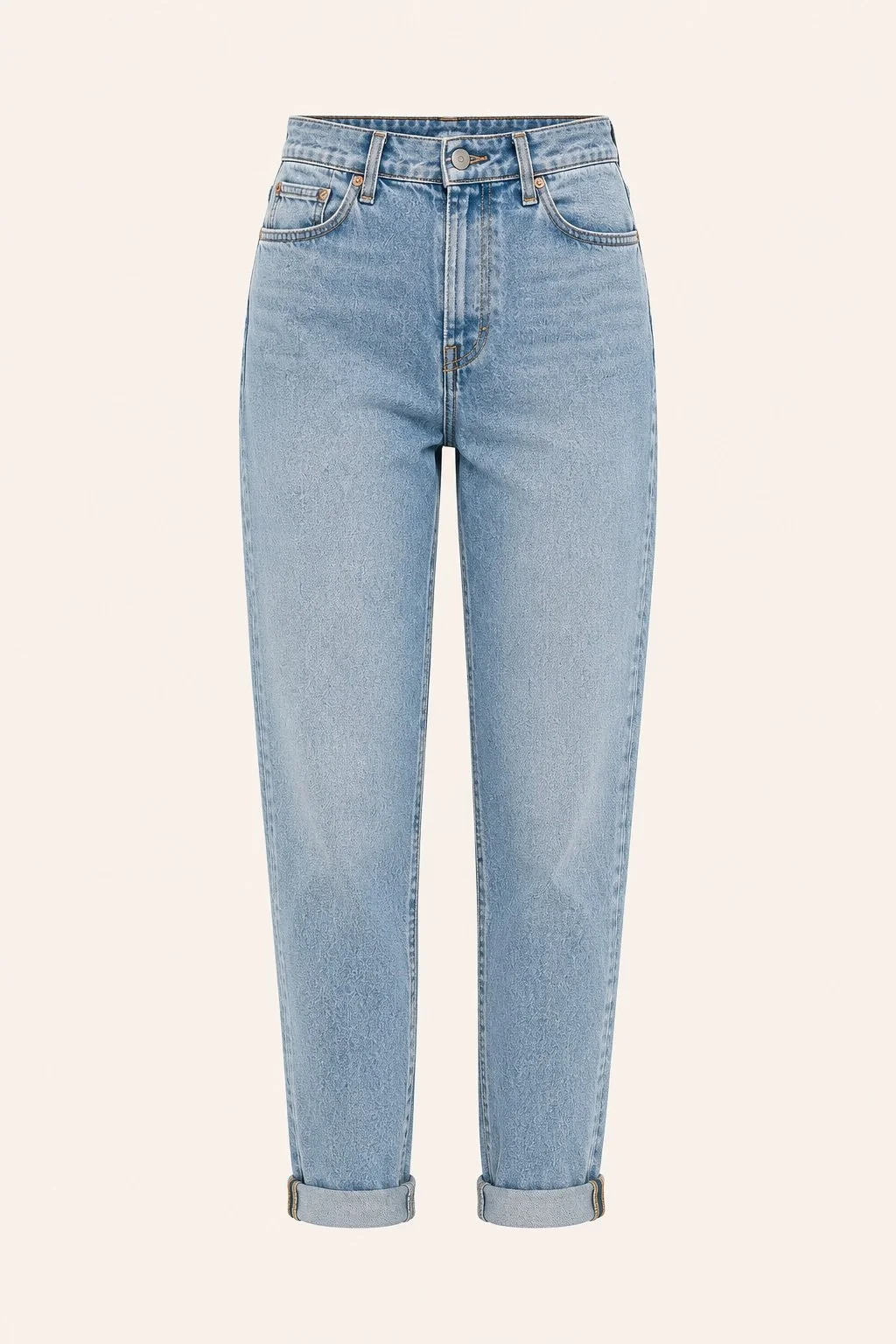 Light blue high-waisted jeans with rolled cuffs.