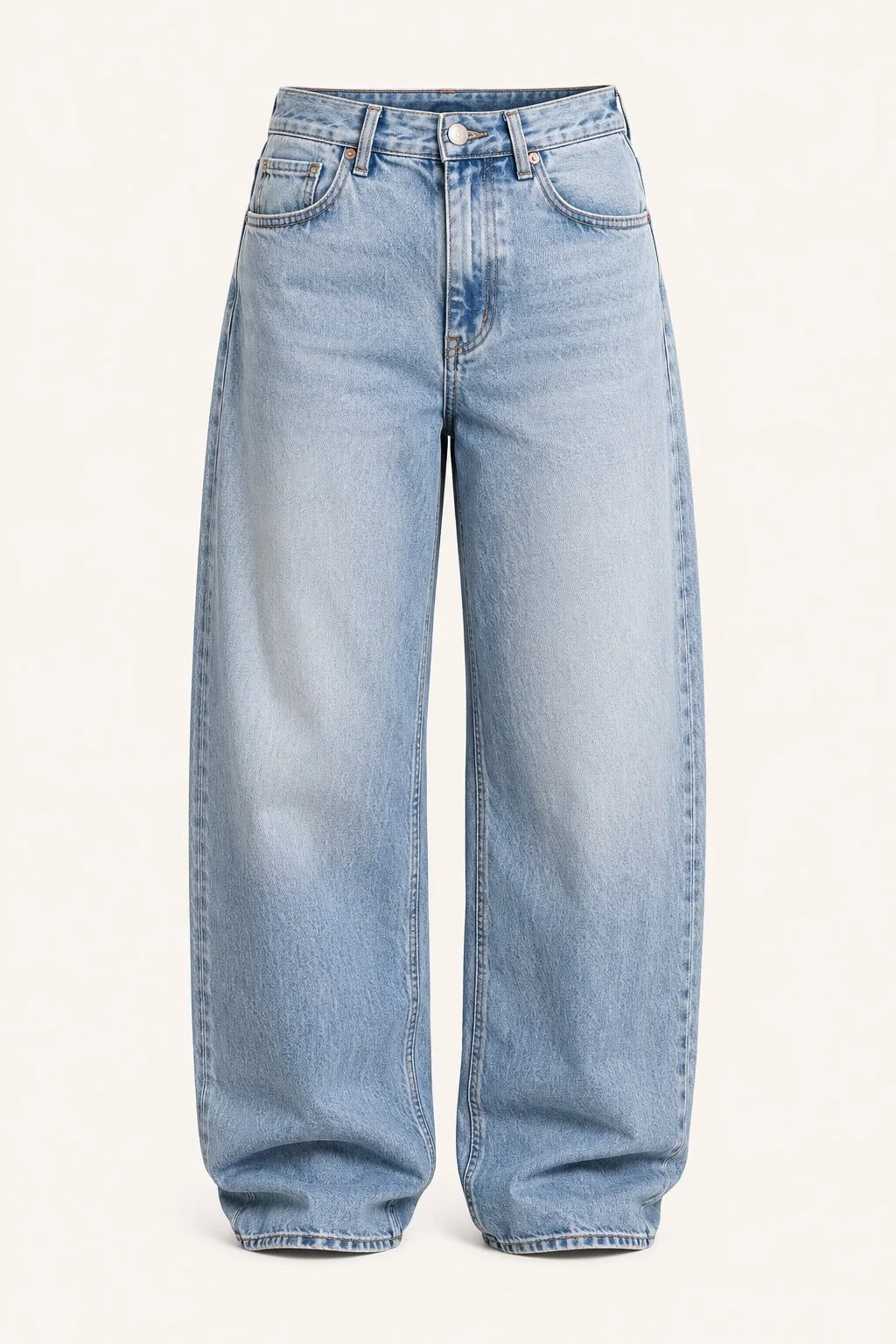 Light blue wide-leg denim jeans with five pockets and a button and zipper closure.
