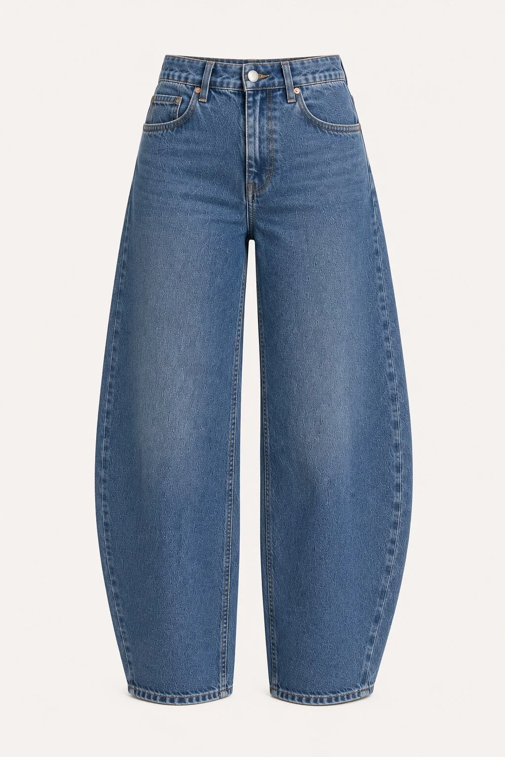 Pair of wide-leg blue jeans with textured pattern and classic five-pocket design.