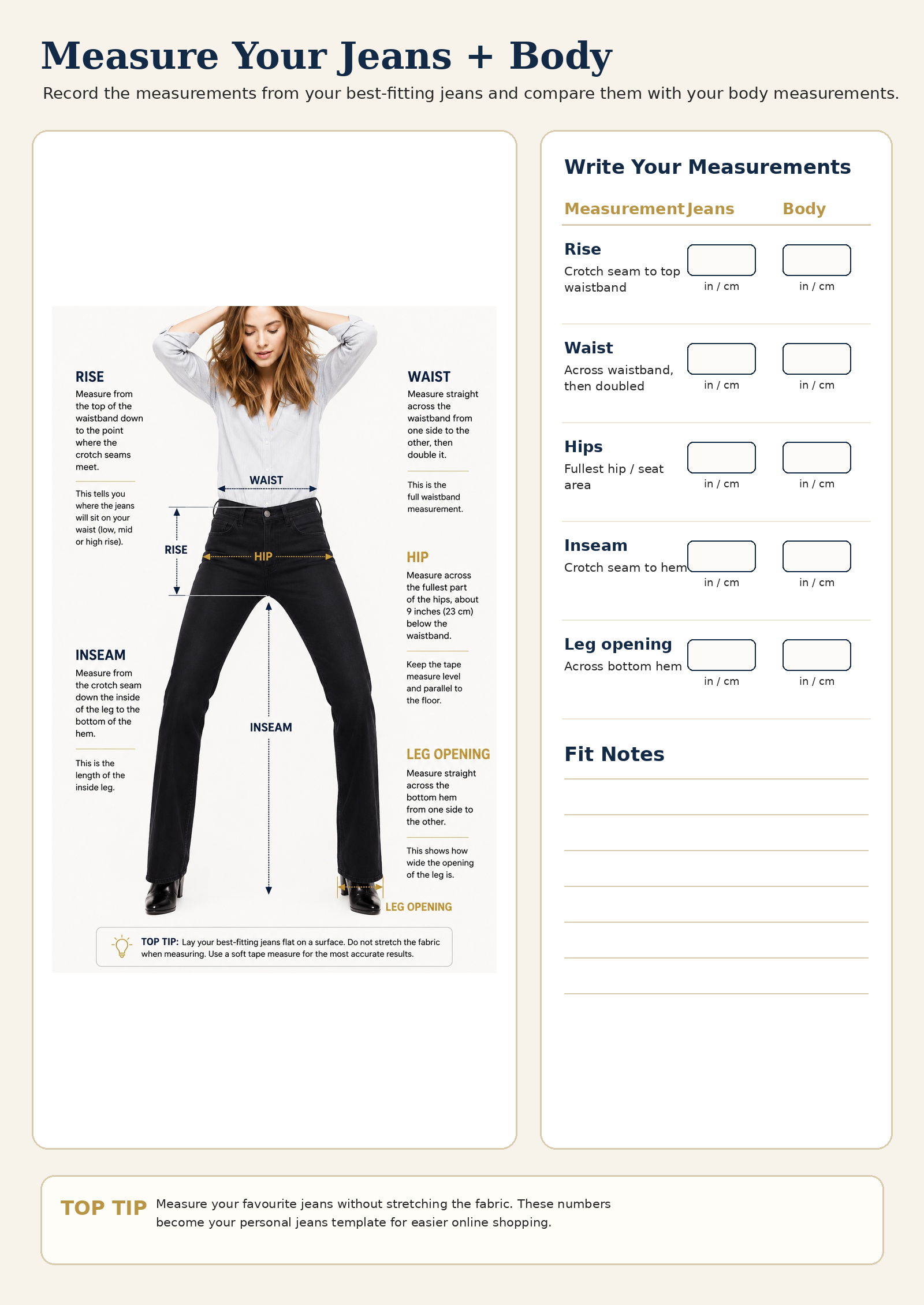 Preview of the Denim Measurement Worksheet for recording waist, rise, hip, inseam and leg opening measurements.