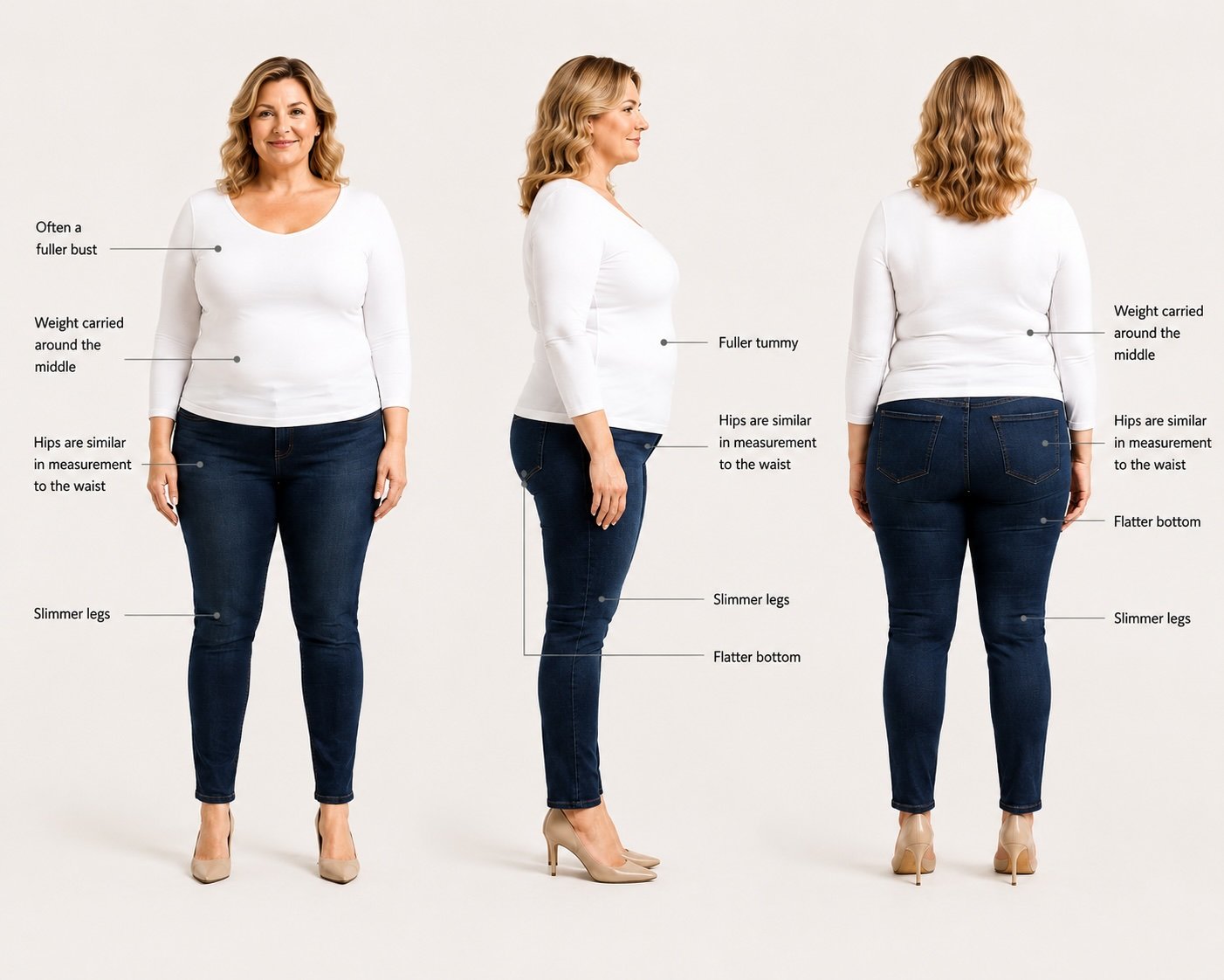 An Image of a apple body shape woman showing different body measurements from front, side, and back views. Labels indicate features such as fuller bust, fuller tummy, hips similar to waist, slimmer legs, and flatter bottom.