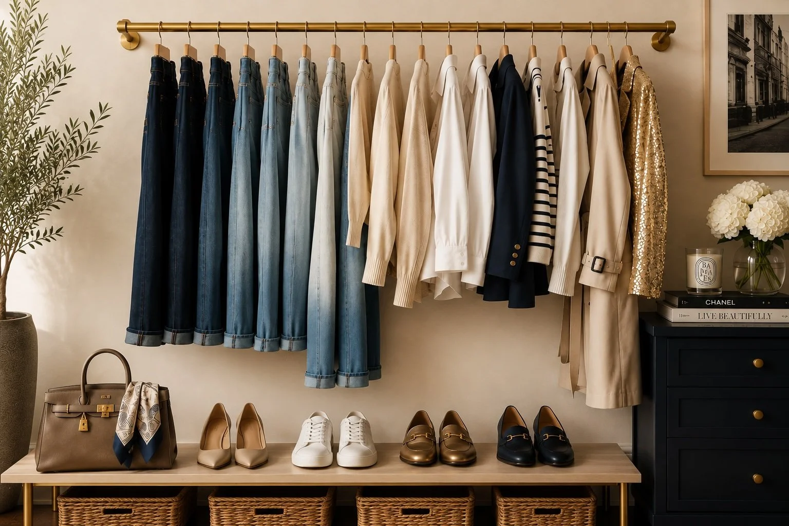 Denim-first capsule wardrobe with premium jeans, neutral clothing, classic shoes and luxury accessories arranged on a brass clothing rail for elevated casual style inspiration.