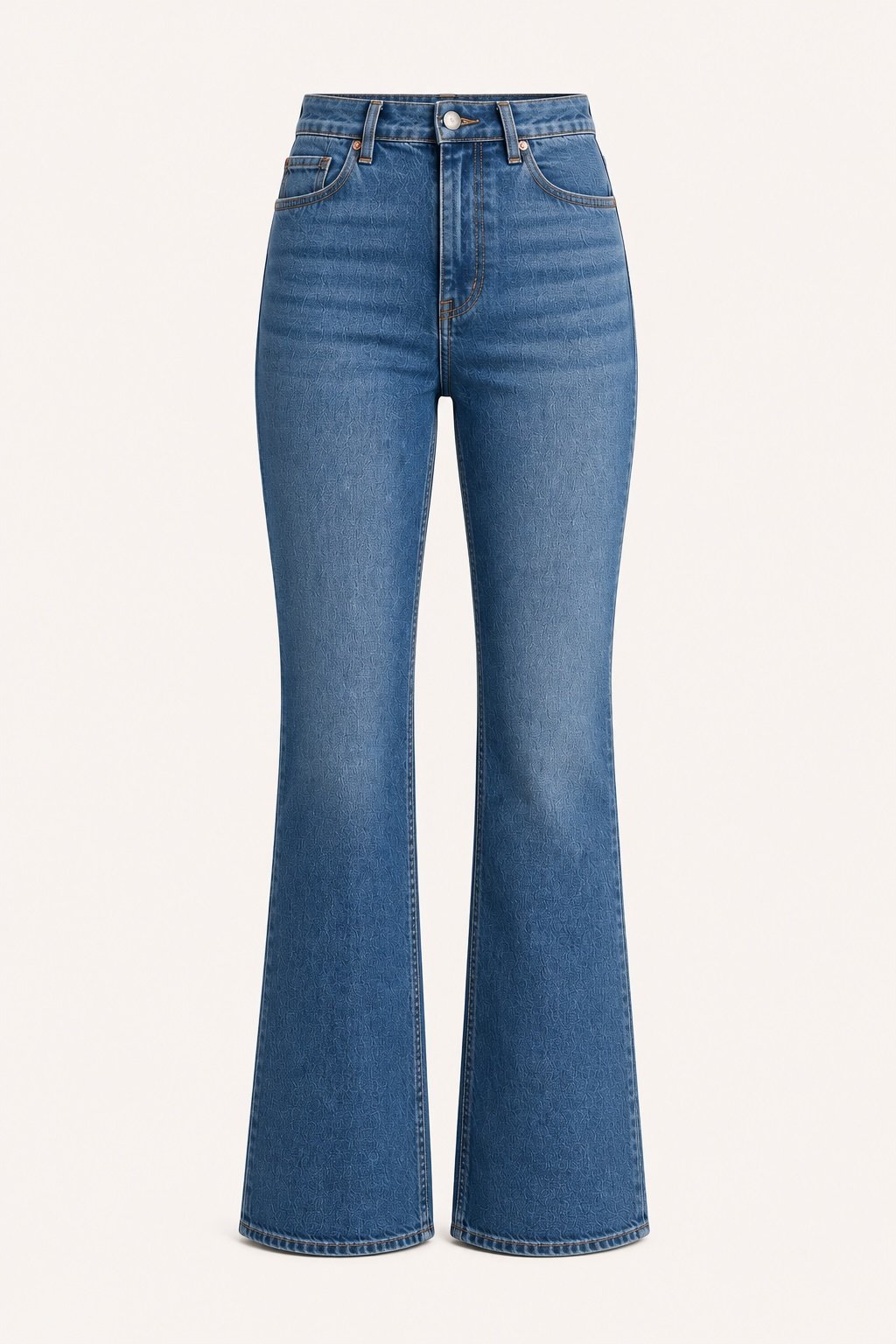 Blue high-waisted flared jeans against a plain background.