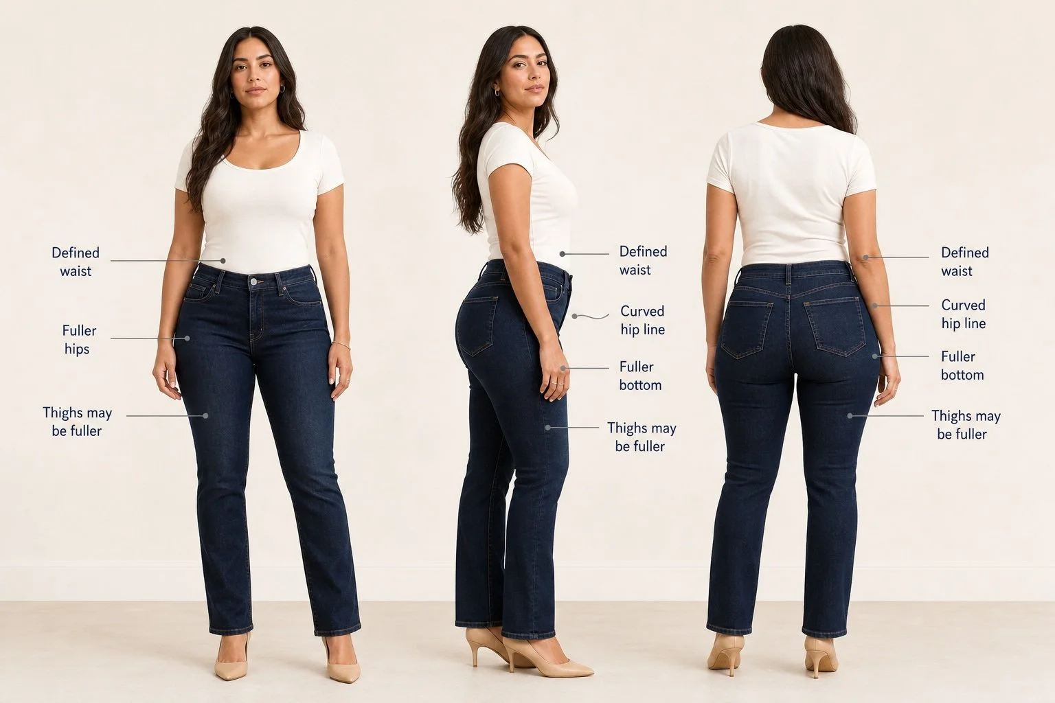 Woman with a curvy body shape wearing dark straight-leg jeans, demonstrating the fit and proportions of flattering jeans for curvy women.