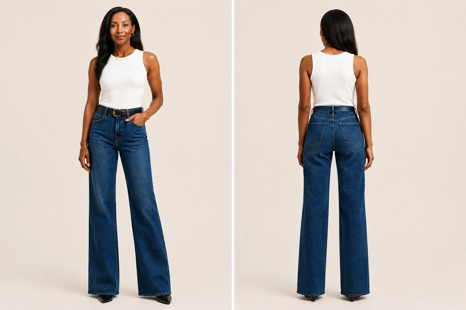 A woman with long dark hair wearing a sleeveless white top, high-waisted blue jeans with a black belt, standing with her hand in her pocket, facing forward and then backwards against a plain light background.