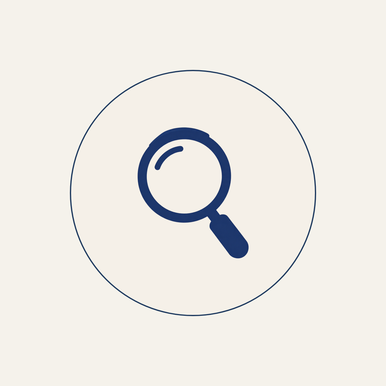 Magnifying glass icon with a reflection, drawn in a simple dark blue outline on a light background.