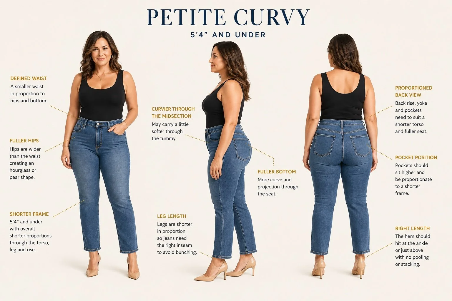 An infographic explaining Petite Curvy women’s jeans fit, showing front, side, and back views with annotations on fit and style features, including defined waist, fuller hips, shorter frame, leg length, curvier through the midsection, fuller bottom, proportioned back view, pocket position, and right length.