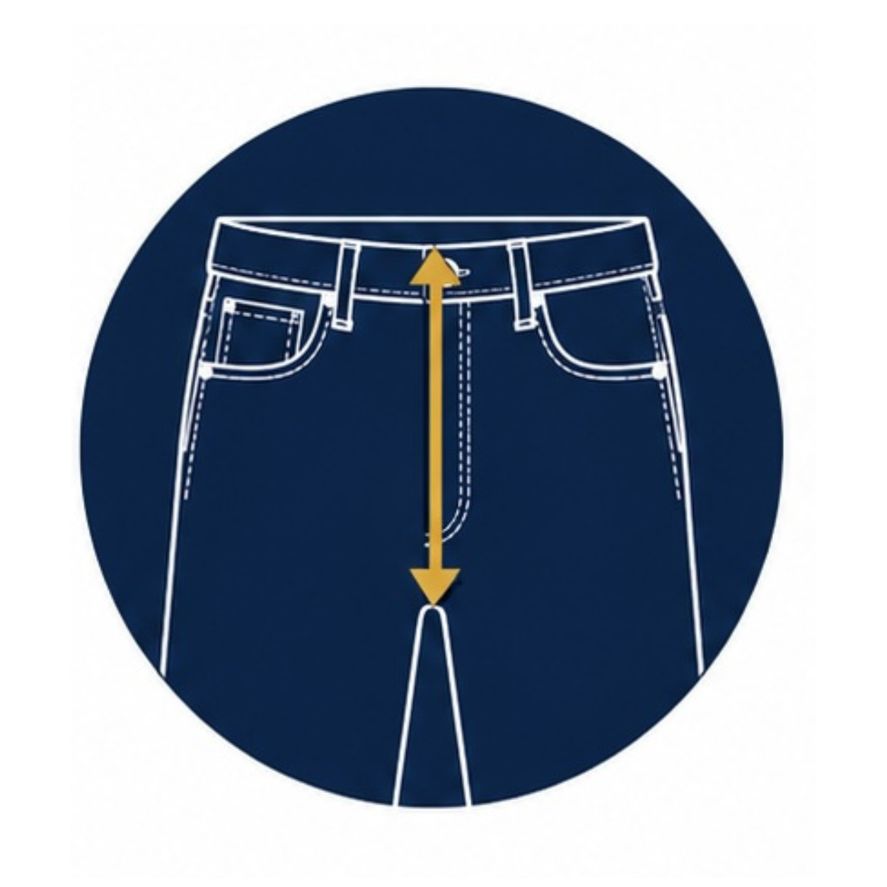 Illustration of a pair of jeans with a yellow arrow indicating measurement from waistband to crotch.