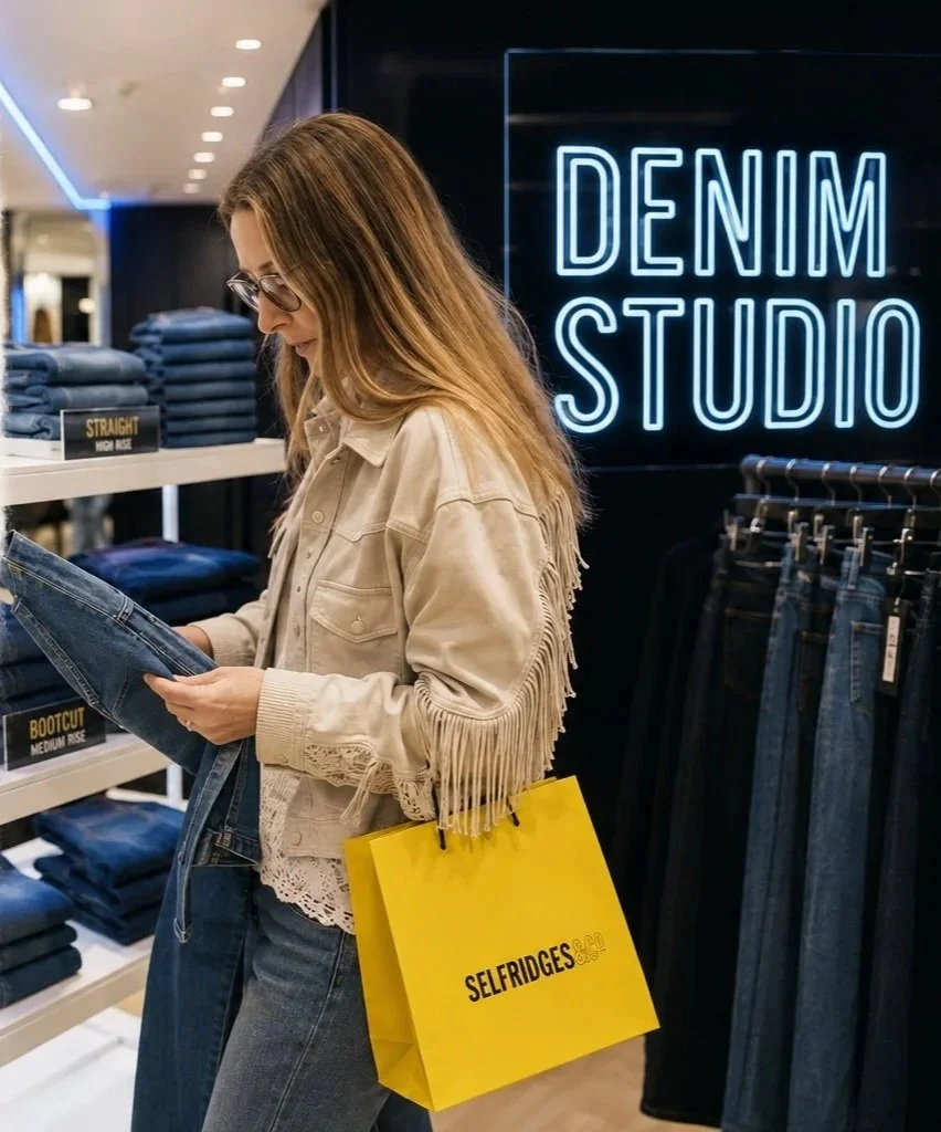 A woman shopping for denim jeans in a store, holding a pair in her hands while carrying a yellow shopping bag labelled 'SELF RIDGES'.