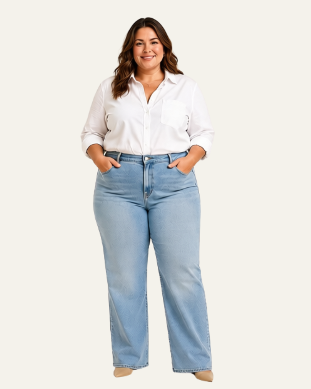 Plus size woman wearing light blue wide-leg jeans and a white shirt.