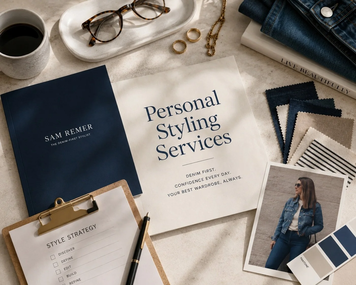 Flat lay of fashion and styling materials including fabric swatches, a photo of a woman in a denim jacket, a magazine titled "Personal Styling Services," glasses, rings, necklaces, a coffee mug, a clipboard with a style strategy checklist, and a book about denim with a pair of jeans resting on it.