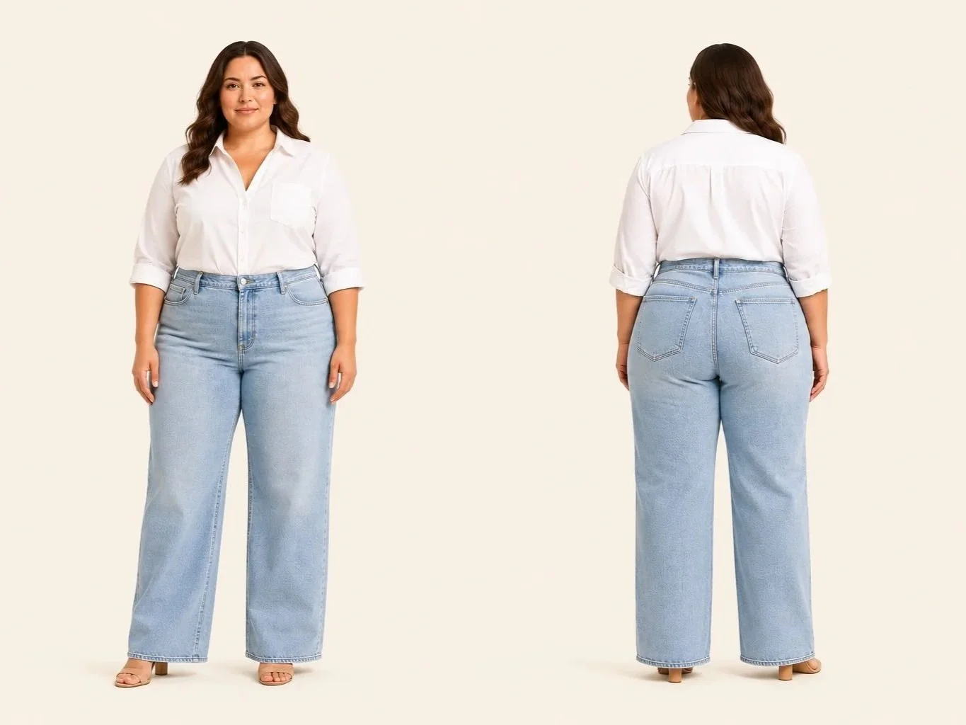 Front and back views of a woman with long wavy brown hair, wearing a white button-up shirt with rolled-up sleeves and light blue high-waisted jeans, standing against a plain light background.