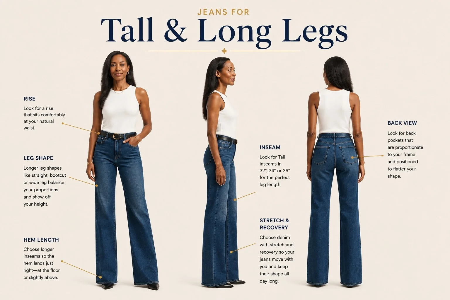 Guide on choosing jeans for tall and long-legged women, showing a woman in three poses and indicating key features like rise, inseam, leg shape, hem length, stretch and recovery, and back view.