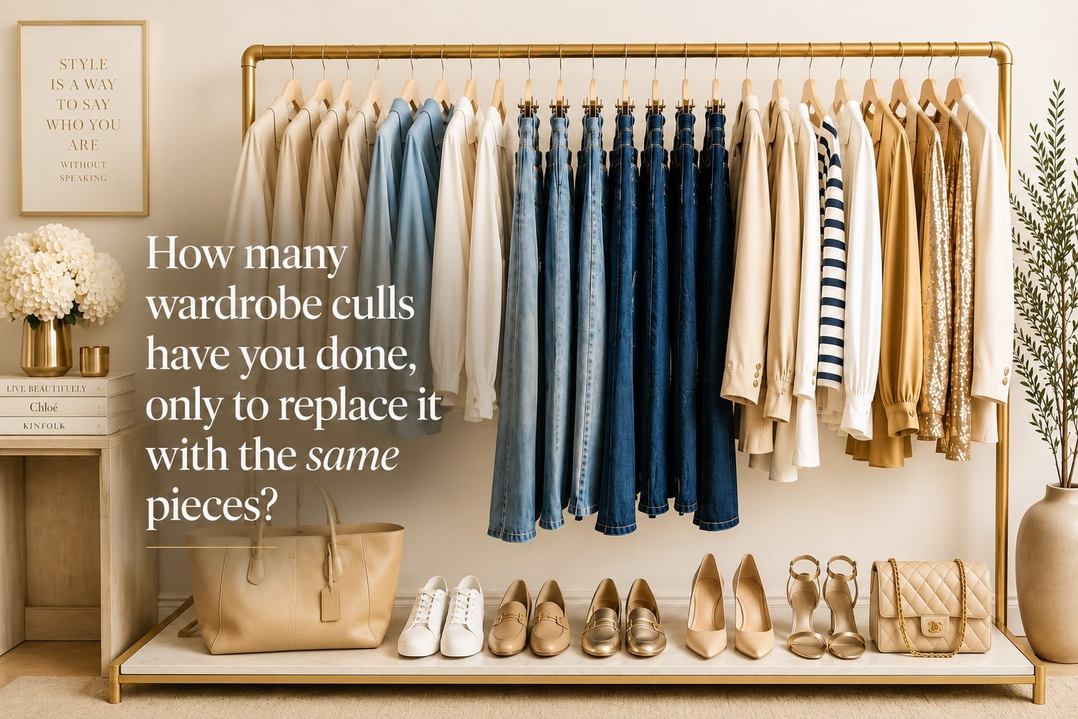 Curated denim-first capsule wardrobe with premium jeans, neutral clothing, shoes and accessories on a gold clothing rail.