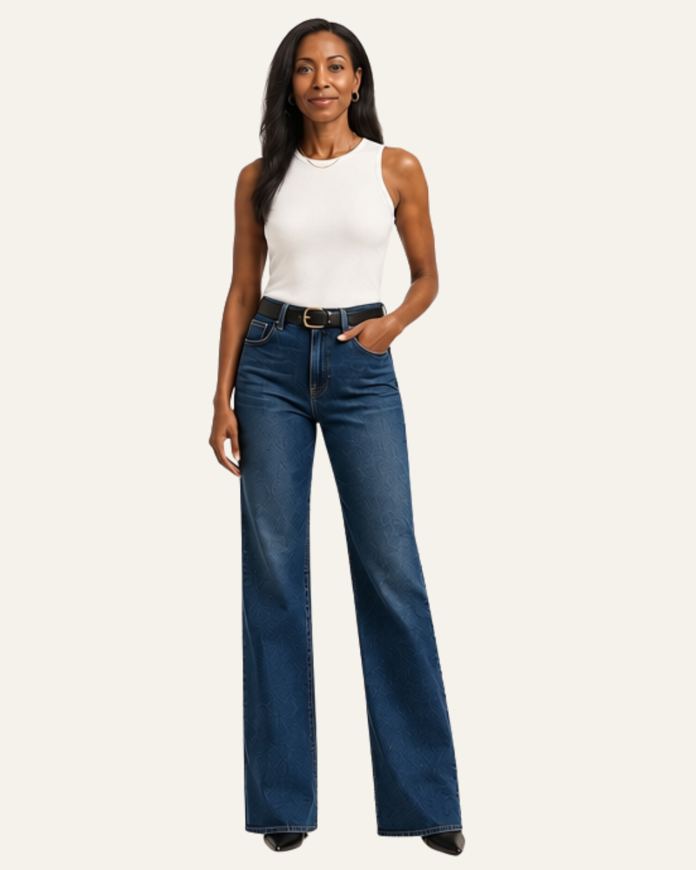 Tall woman with long legs wearing dark blue wide-leg jeans and a white sleeveless top.