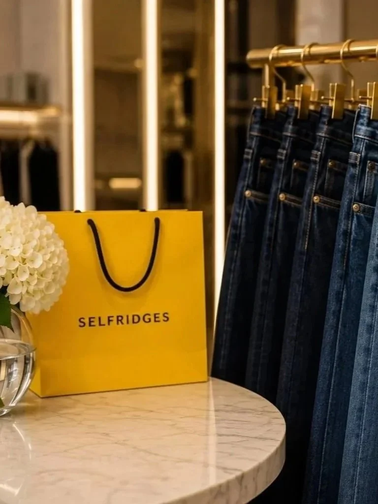Jeans on display beside a Selfridges shopping bag in London