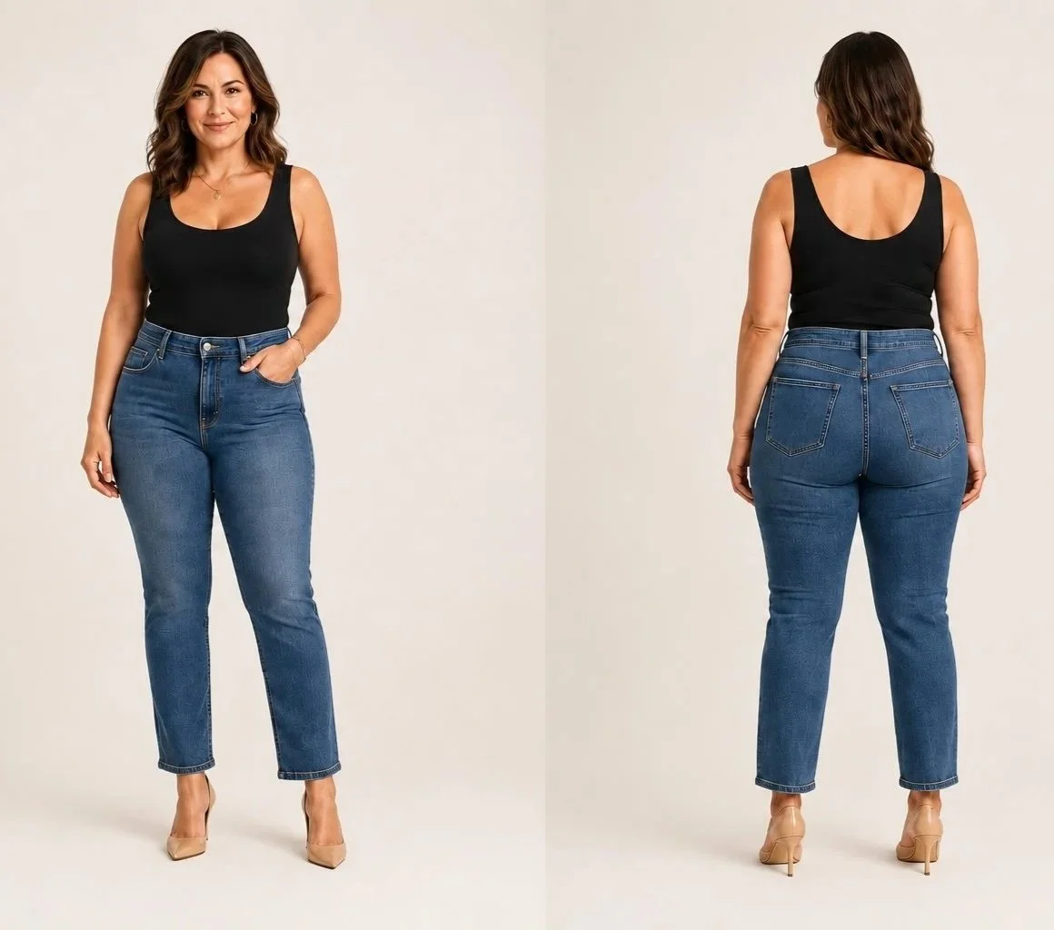 Front and back view of a Petite Curvy woman wearing a black tank top and blue jeans.