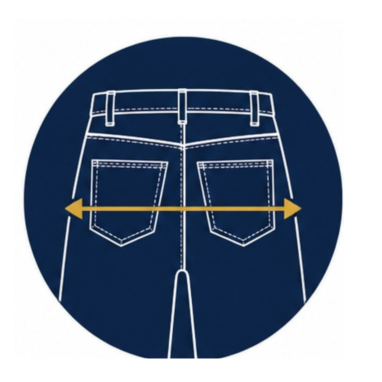 Illustration of the back of jeans with a yellow arrow indicating hip measurement.